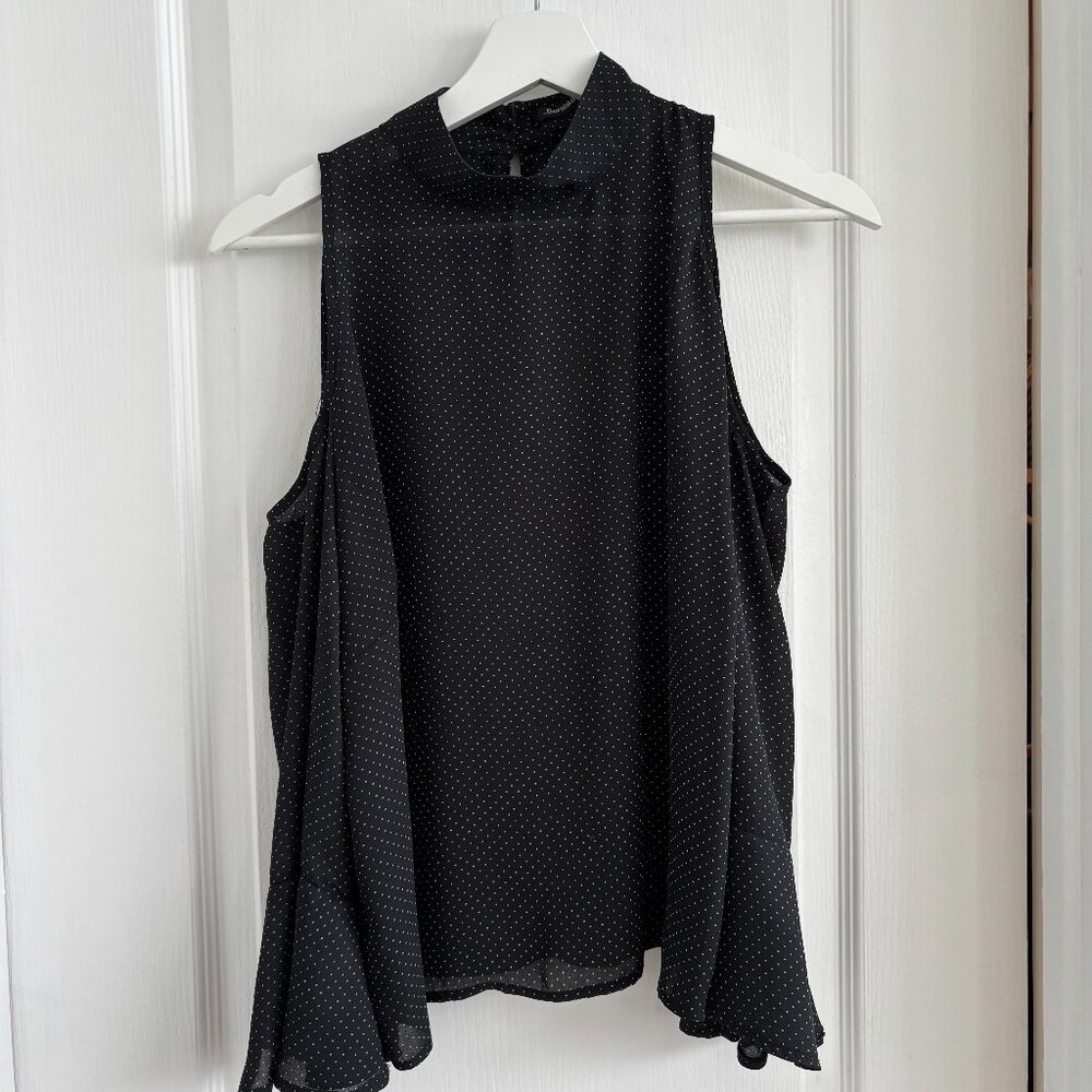 Black & White Polka-Dot Bershka Cold-Shoulder Mock neck Blouse - Large